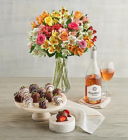 Assorted Roses & Peruvian Lilies, Gourmet Drizzled Strawberries, and Wine